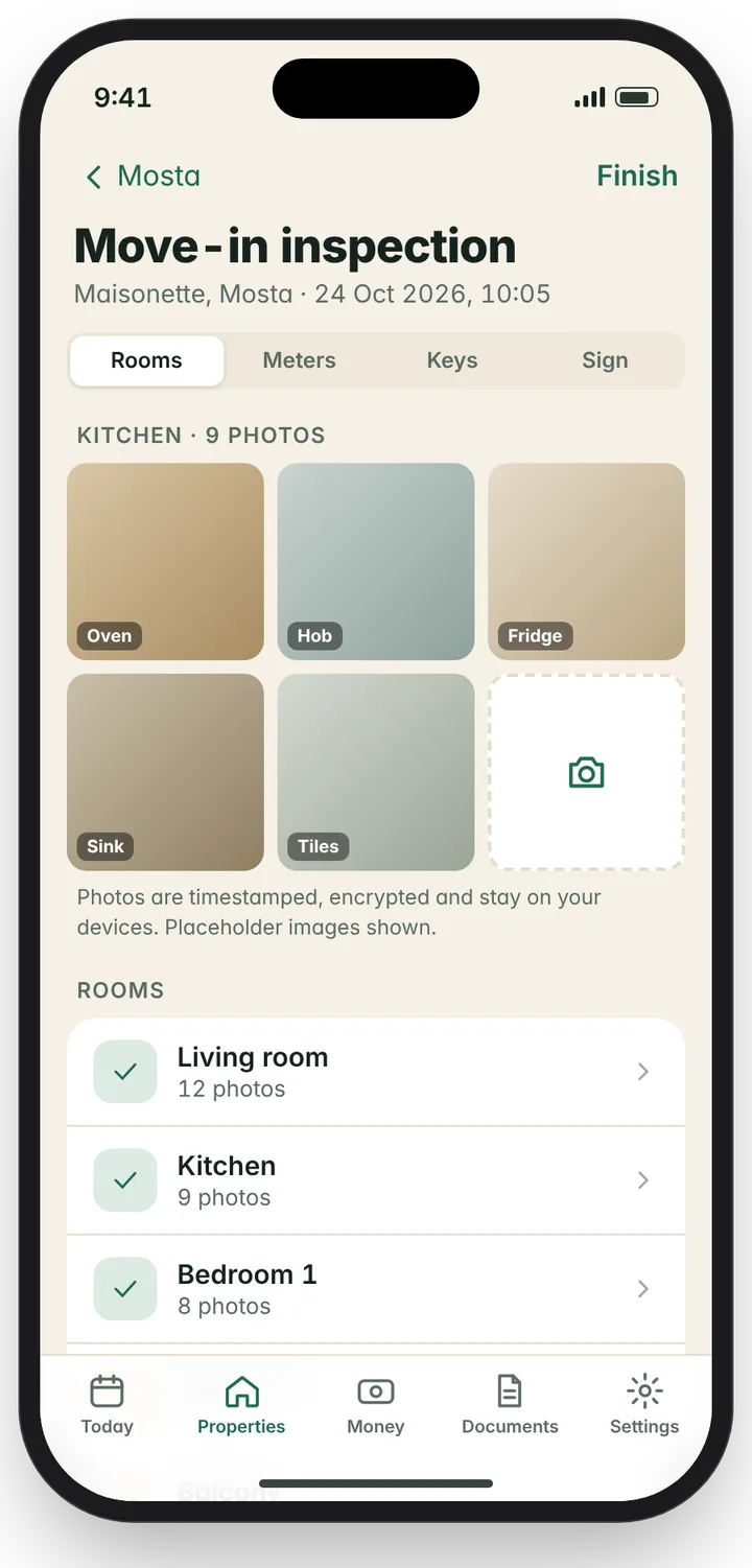 Move-in inspection with photos by room
