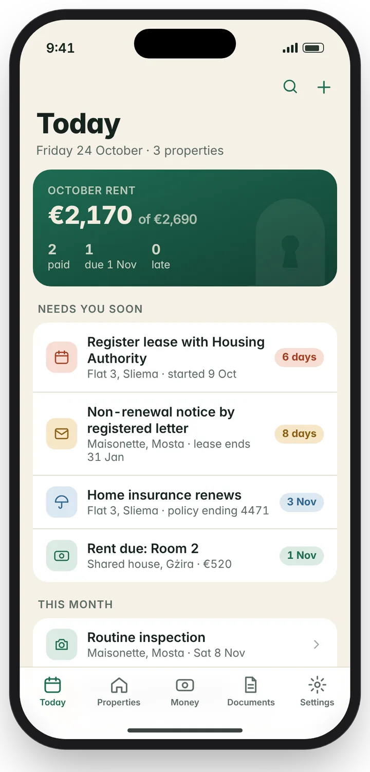Lettkeep Today screen listing the next deadlines